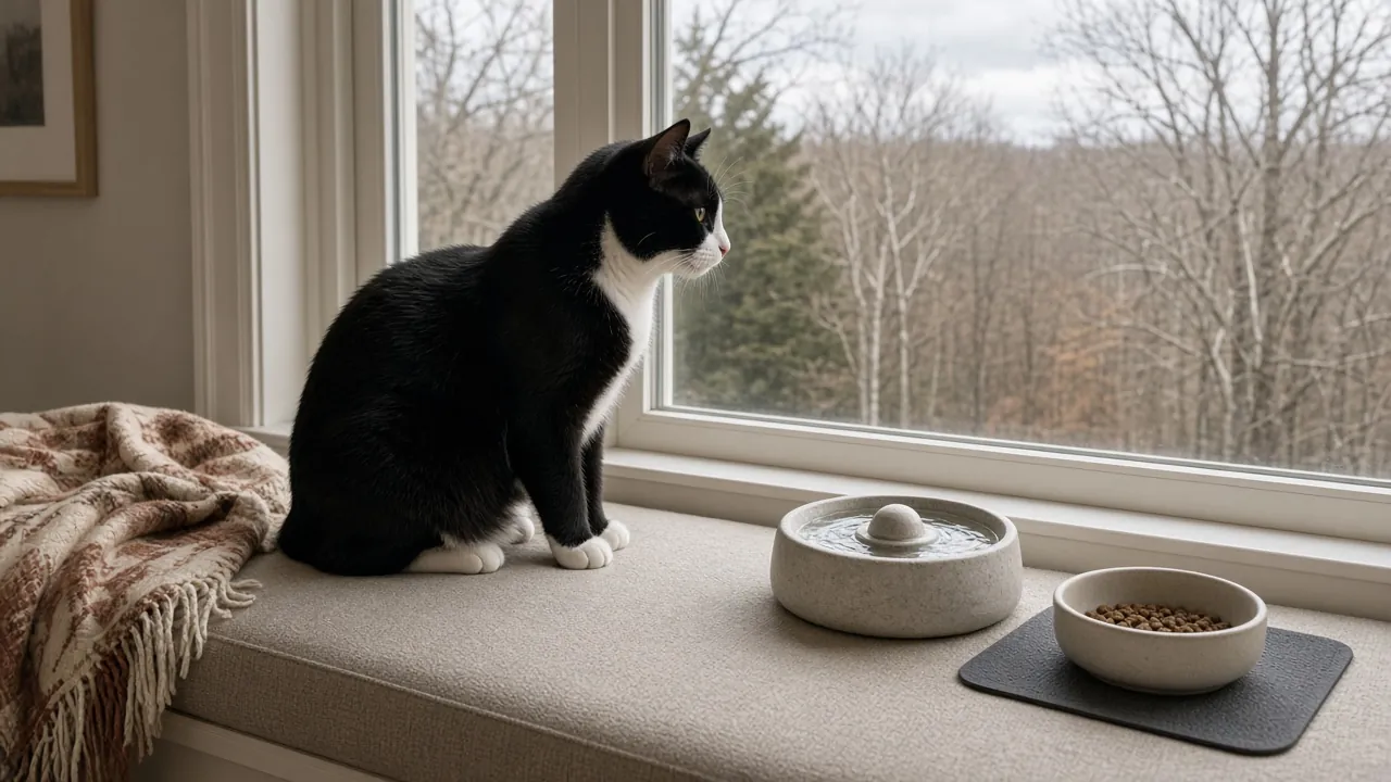 Black and white tuxedo cat sitting on a window seat beside a water fountain and food bowl